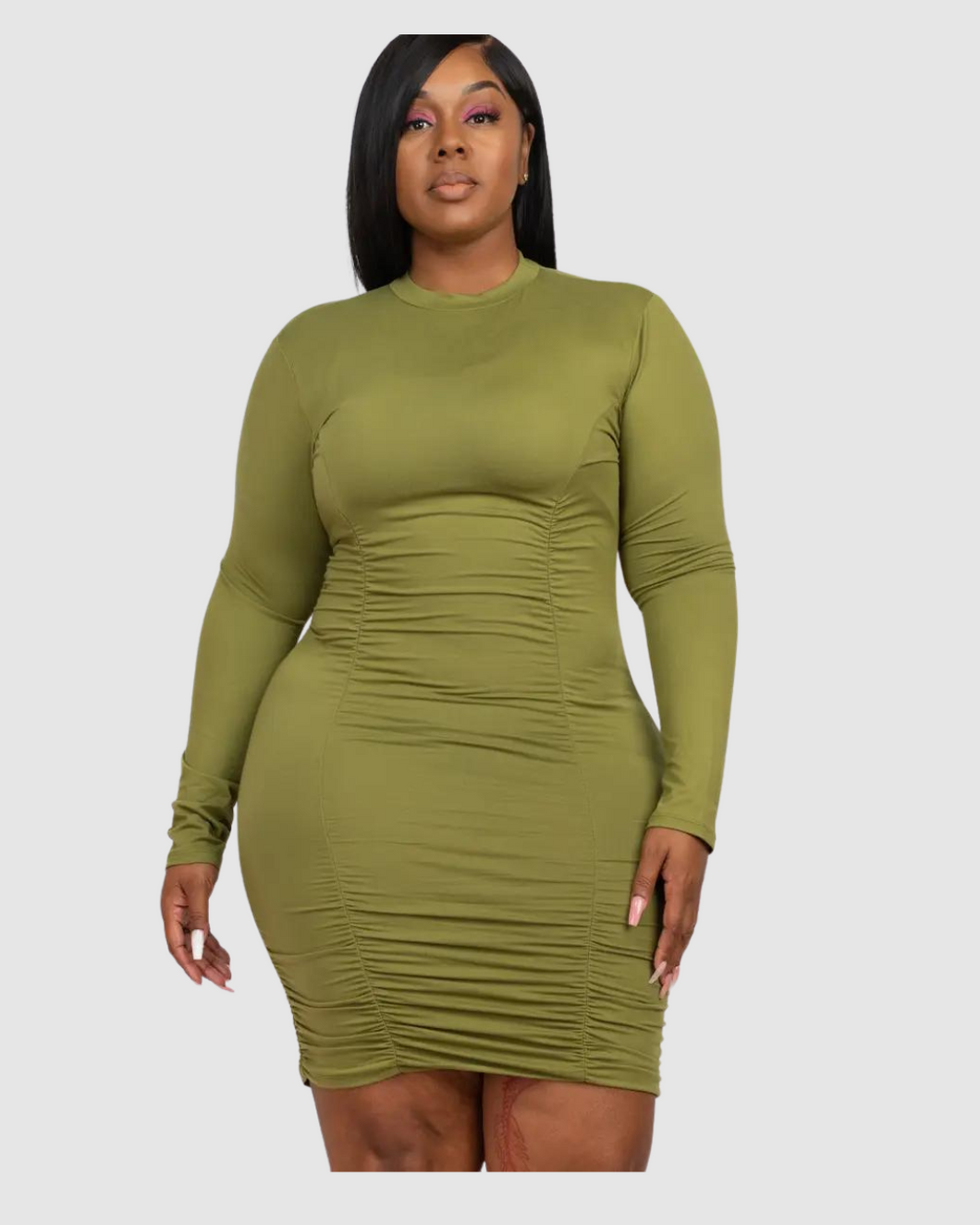 Ready And Ruched Bodycon Midi Dress - Olive